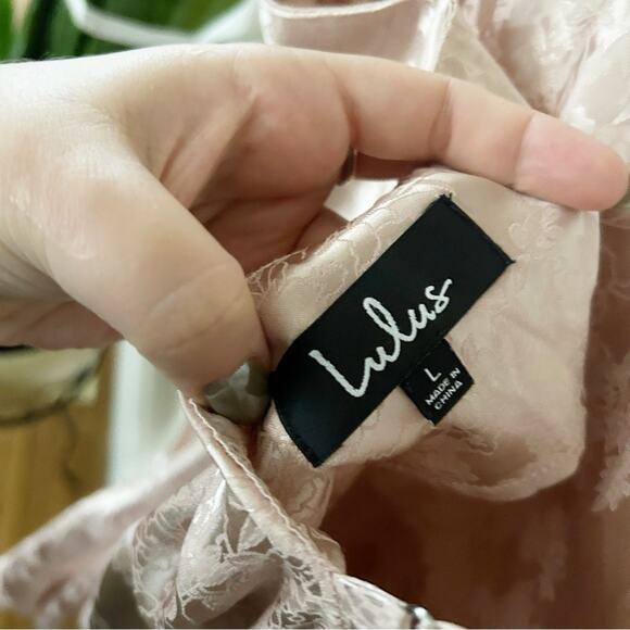 Lulus Womens Beige Satin Sleeveless V-Neck Jacquard Mini Slip Dress Size L - Picture 4 of 5